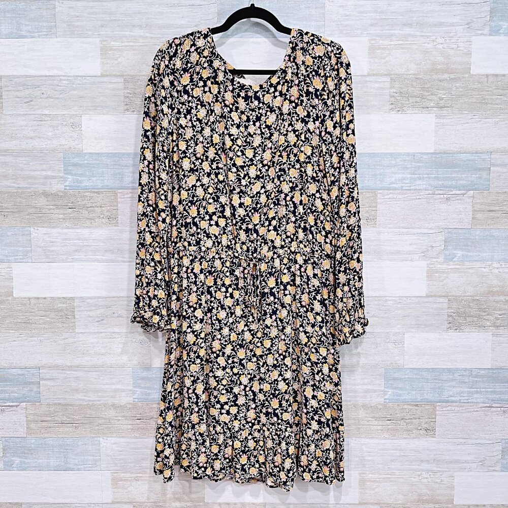 LOFT Floral Tie Waist Ruffle Flare Dress Womens Large